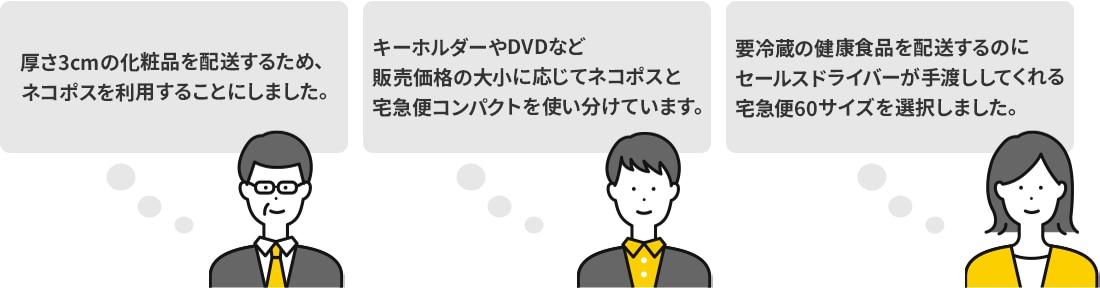 厚さ3cmの化粧品を配送するため、サイズが3cmまで拡大されたネコポスを利用することにしました。キーホルダーやDVDなど販売価格の大小に応じてネコポスと宅急便コンパクトを使い分けています。要冷蔵の健康食品を配送するのにセールスドライバーが手渡ししてくれる宅急便60サイズを選択しました。