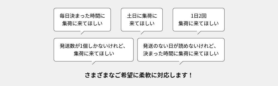 毎日決まった時間に集荷に来てほしい 土日に集荷に来てほしい 1日2回集荷に来てほしい 発送数が1個しかないけれど、集荷に来てほしい 発送のない日が読めないけれど、決まった時間に集荷に来てほしい さまざまなご希望に柔軟に対応します！