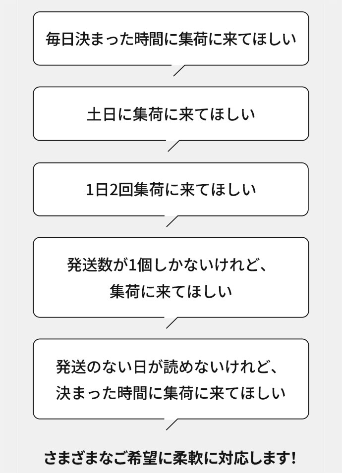 毎日決まった時間に集荷に来てほしい 土日に集荷に来てほしい 1日2回集荷に来てほしい 発送数が1個しかないけれど、集荷に来てほしい 発送のない日が読めないけれど、決まった時間に集荷に来てほしい さまざまなご希望に柔軟に対応します!
